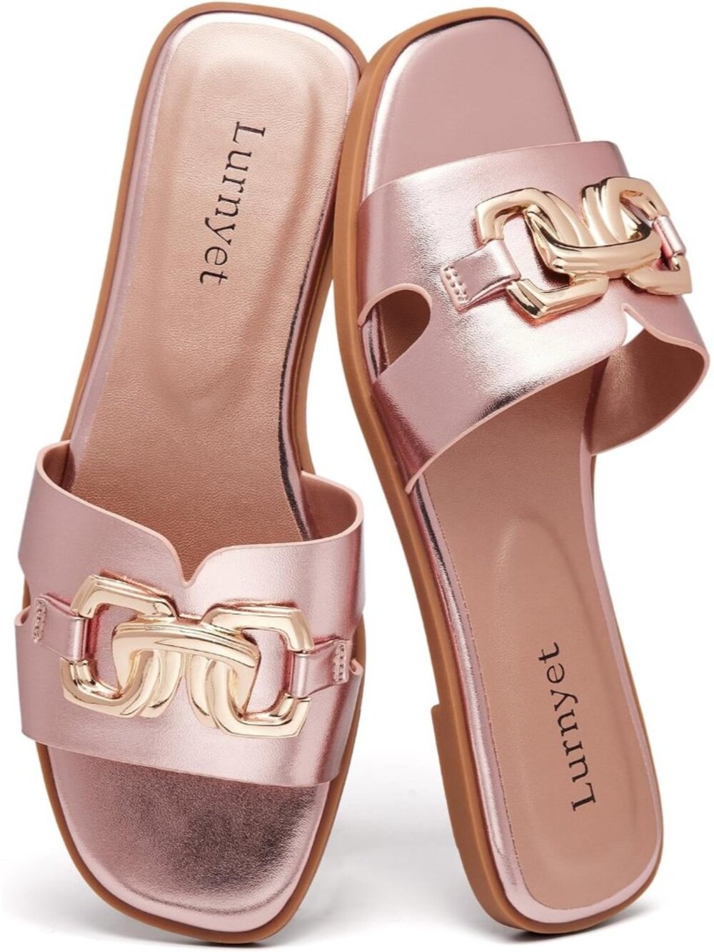 🆕Women's Rose Gold Flat Slide Sandals Dressy Square Open Toe Slip On Beach